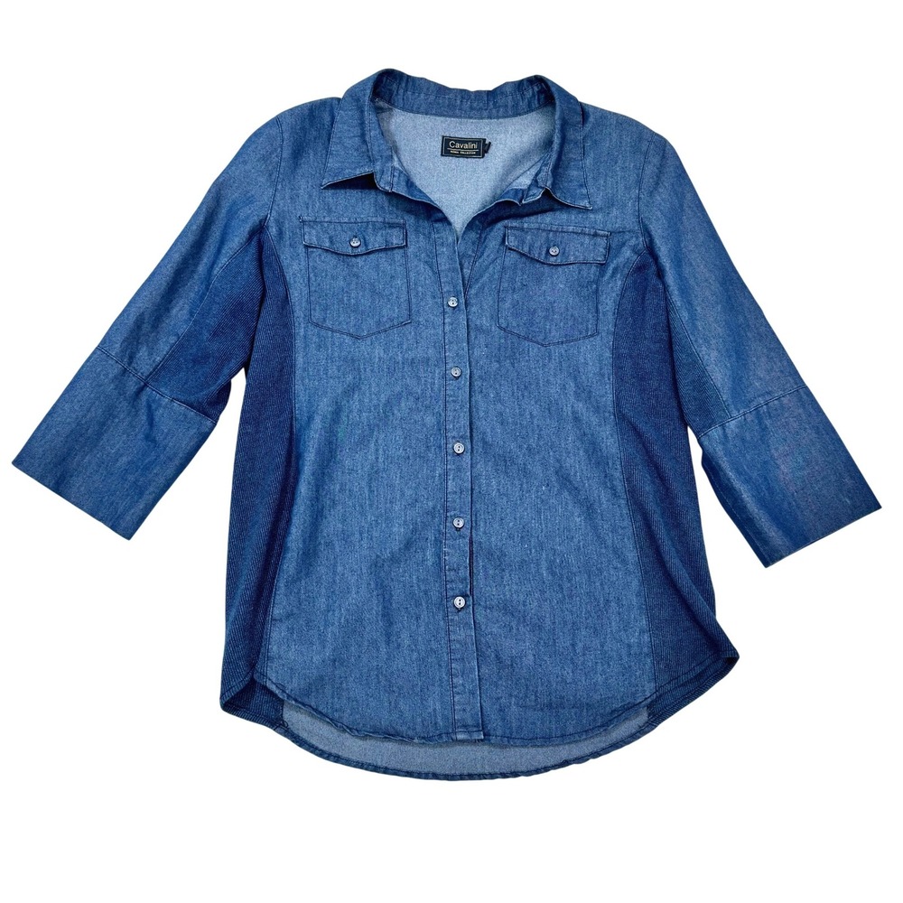 Cavalini‎ Denim Collection Blue Button Up Shirt XL Ribbed Side Chambray Classic